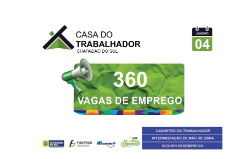 Imagem de compartilhamento para o artigo Casa do Trabalhador oferece 360 vagas de emprego em Chapadão do Sul da MS Todo dia